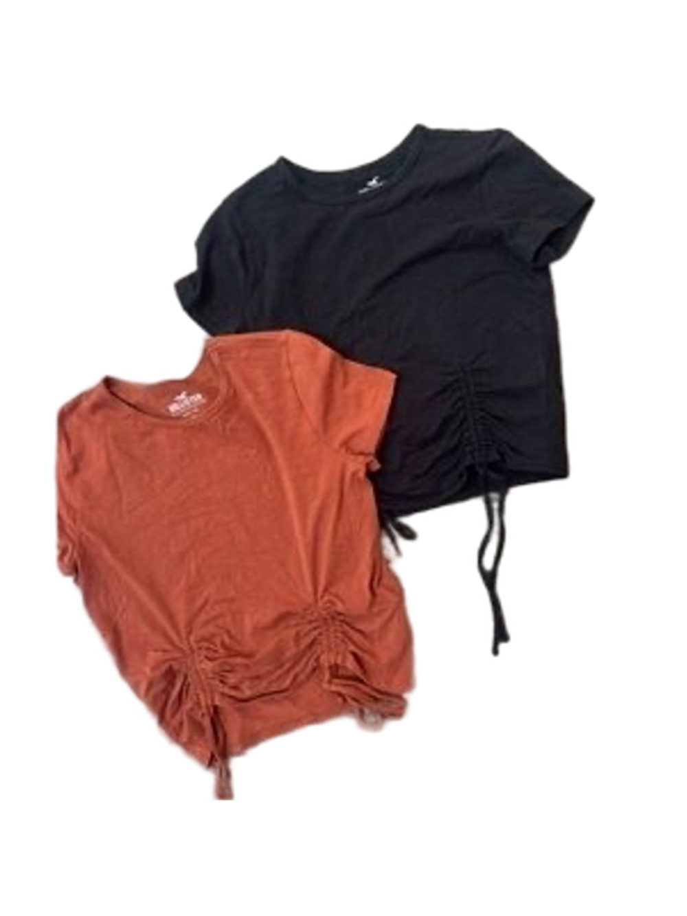 Hollister Baby Tee Bundle Lot (2) XXL Black & Rust Brown Ruched Cinch Hem Crew - Picture 4 of 14
